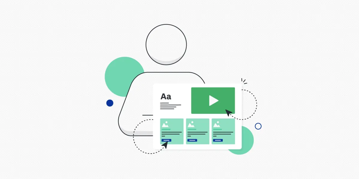 Ilustração de uma interface com ícones de usuário, play, imagem e cursor sobre cards de conteúdo