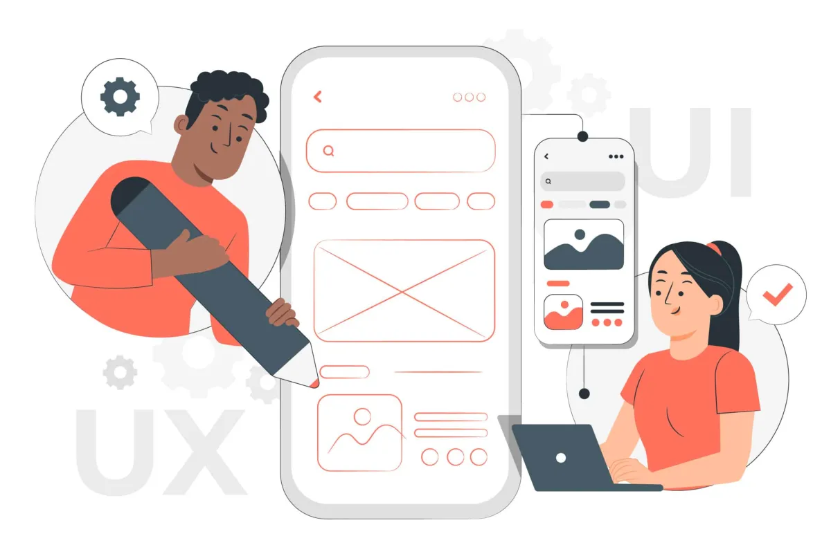 Ilustração de duas pessoas criando a interface de um aplicativo: uma desenha o wireframe e a outra trabalha no notebook ao lado da tela pronta
