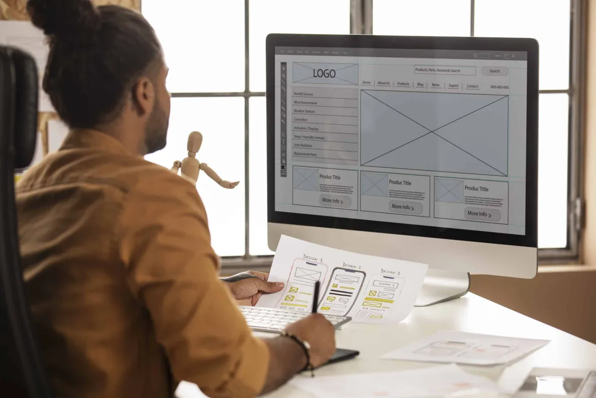 Homem trabalhando no design de interface gráfica de usuário (GUI) em um computador, analisando wireframes impressos e protótipos digitais na tela.