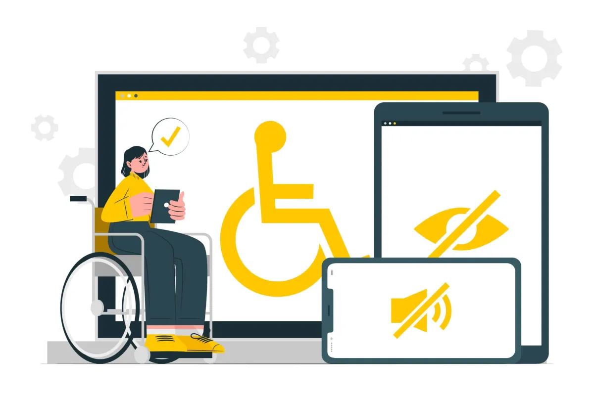 Ilustração de uma mulher em cadeira de rodas utilizando um tablet, com ícones de acessibilidade visual e auditiva em diferentes dispositivos, representando o conceito de design acessível.